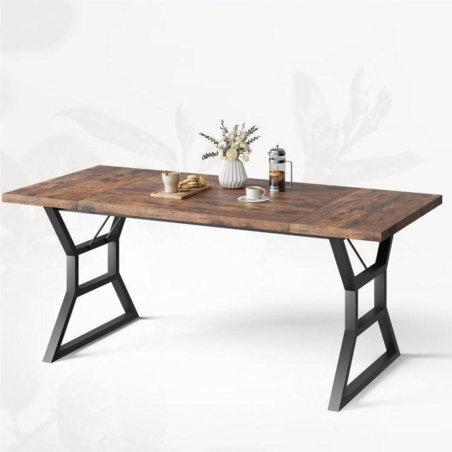 71 Inch Industrial Dining Table for 6-8 People, Rectangular Kitchen Table with Engineered Wood Top and Geometric Metal Legs, Farmhouse Table for Dining Room, Kitchen,