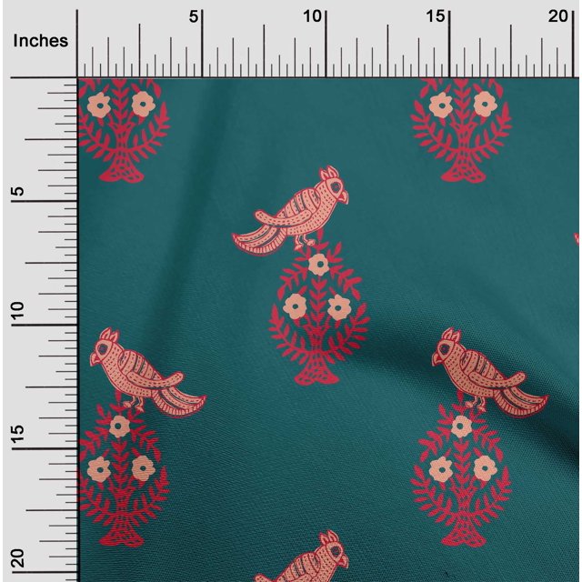 oneOone Georgette Viscose Fabric Leaves|Bird & Floral Block Decor Fabric Printed BTY 42 Inch Wide