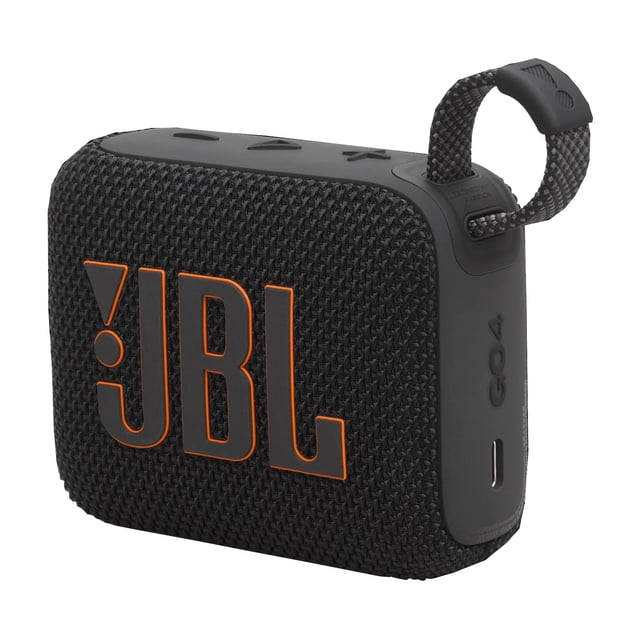 Bluetooth Speaker Wireless Go4 Portable Bluetooth Speaker in a compact rectangular design with a black woven texture and bold orange logo. Features an integrated loop for easy portability, waterproof and dustproof with an IP67 rating, and delivers bold sound with punchy bass. Offers wireless Bluetooth streaming and up to 10 hours of playtime, ideal for outdoor and indoor use.