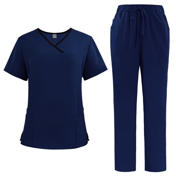 Ktyne Scrubs for Women Set Stretchy Nurse Uniform Short Sleeve V Neck Scrub & Jogger Pants Solid Color Medical Scrub Sets with Multi Pockets Dark Blue M