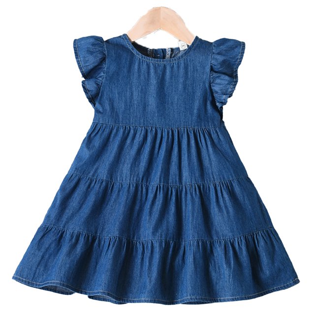 Qudderr Robe Décontractée en Denim pour Filles Bébé, Manches à Volants, Robe en Jean pour Filles 2-9 Ans, Robe d'Été à Col Rond pour Filles