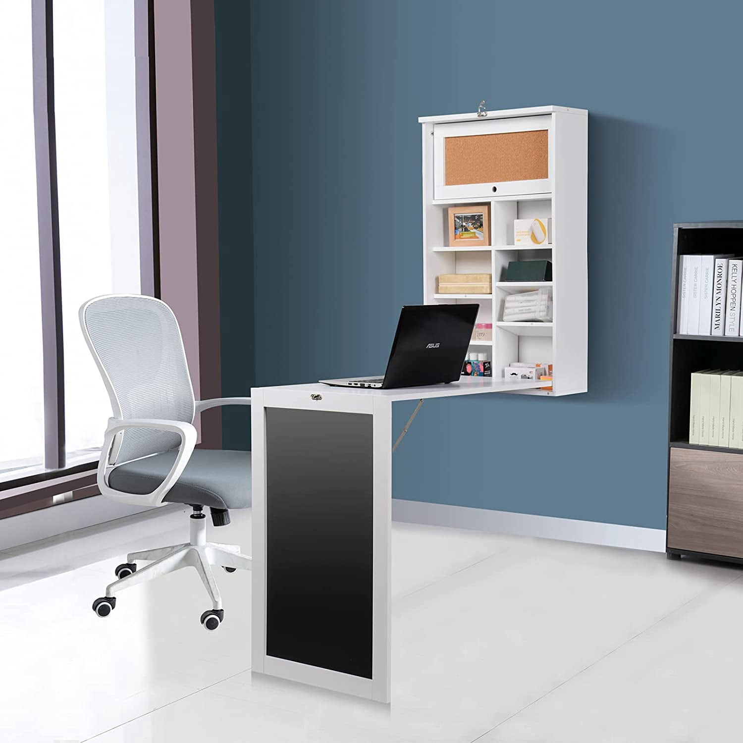 Wall Mounted Table, Fold Out Convertible Desk Multi-Function Office Computer Desk Writing Desk,Wood Wall Floating Desk with Chalkboard and Large Storage Area