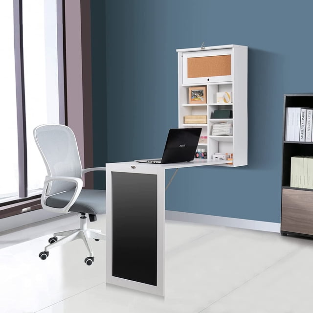 Table Murale, Bureau Convertible Dépliable Bureau d'Ordinateur de Bureau Multifonction Bureau d'Écriture, Bureau Mural Flottant en Bois avec Tableau Noir et Grande Surface de Rangement