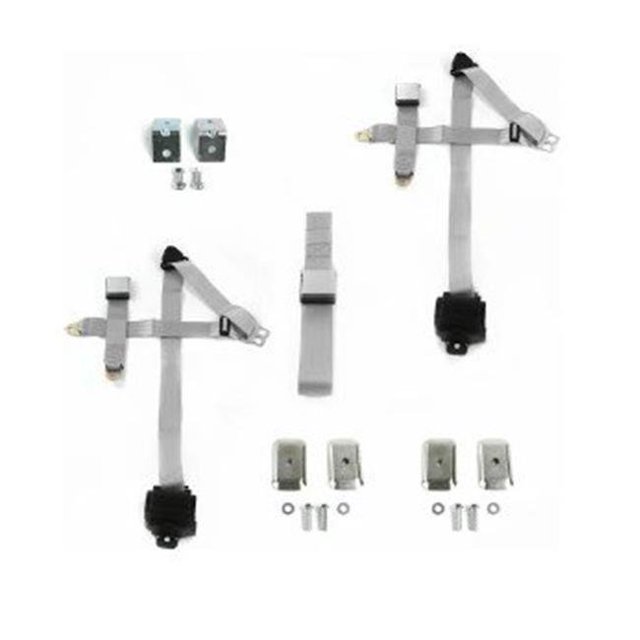 Airplane 3 Point Gray Retractable Bucket Seat Belt Kit with Bracketry & 2 Belts for 1971-1973 Ford Mustang