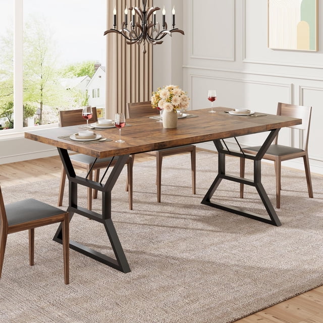 Garvee 70.9" Farmhouse Dining Table & Kitchen Table for 6, Large Wooden Rectangular Table with Heavy Duty Metal Legs for Big Family, Brown