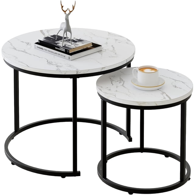 Coffee Table Nesting Set of Side Set Golden Frame Circular Round and Marble Pattern Wooden Tables Living Room Bedroom Apartment Modern Industrial Simple Nightstand