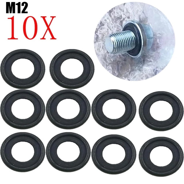 MYG 10Pcs Black Rubber Sealing Oil Drain Plug Gasket Washer Replacement 12616850. The image shows ten black rubber gaskets with an outer diameter of 20mm and an inner diameter of 11mm, designed to seal oil drain plugs and prevent leaks. A close-up inset highlights one gasket in use with a threaded oil drain plug. Suitable for M12 thread specifications and includes 10 pieces per package.