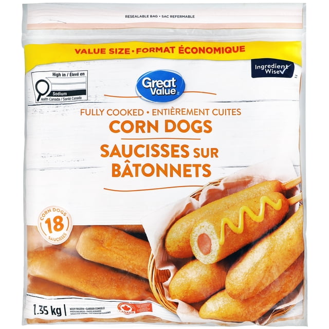 Great Value Fully Cooked Corn Dogs value size resealable bag containing 18 golden brown corn dogs with crispy breaded coating, one cut open showing the hot dog inside with mustard drizzle, 1.35 kg package made in Canada, ideal frozen snack or appetizer.
