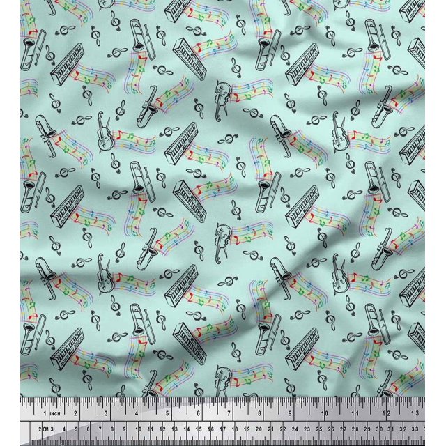 Soimoi Tissu Poly Georgette Notes, Piano & Guitare Instrument de Musique Imprimé Tissu au Mètre 42 Pouces de Large