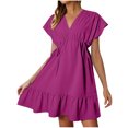 thumbnail image 2 of Offres jusqu'à 70 % de Rabais! Fashiopn Hauts d'Été pour Femmes 2024 Robes Grande Taille Manches Courtes Col en V Cordon Décontracté à Volants Robe Trapèze Courte Cadeau pour Femmes en Solde, 2 of 9