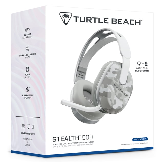 Turtle Beach Stealth 500 Arctic Camo wireless gaming headset for PlayStation featuring white and grey camouflage ear cups, adjustable floating headband, flip-to-mute microphone, 40mm drivers, 40-hour battery life, Superhuman Hearing, and compatibility with PS4, PC, and mobile devices.