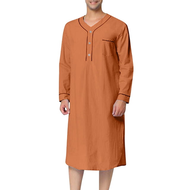 LOVZFMLL Men's Shirts, Mid-Length Islamic Robe, Cozy V-Neck T-Shirt for Loungewear Pajamas, Relaxed Fit Fall Clothes