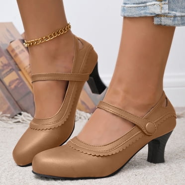 HaiMao Women's Mary Jane High Heels Shoes Clearance Ladies Pointed Closed Toe Ankle Strap Dress Pumps Khaki 9(42)