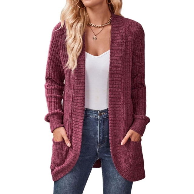 Innerwin Knitted Sweaters Open Front Ladies Cardigans Holiday Long Sleeve Knitwear Cardigan Sweater Wine Red XL
