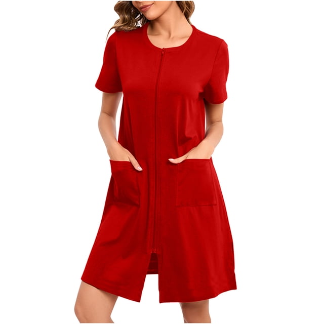 Besolor Robe de Pyjama à Manches Courtes pour Femmes, Fermeture Éclair, Col Ras du Cou, Été, Longueur Genou, Peignoirs, Chemise de Nuit avec Poches