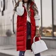 IROINID Women's Winter Warm Mid-Long Coat Solid Color Zip Up Parka Long Sleeve Outwear, Red