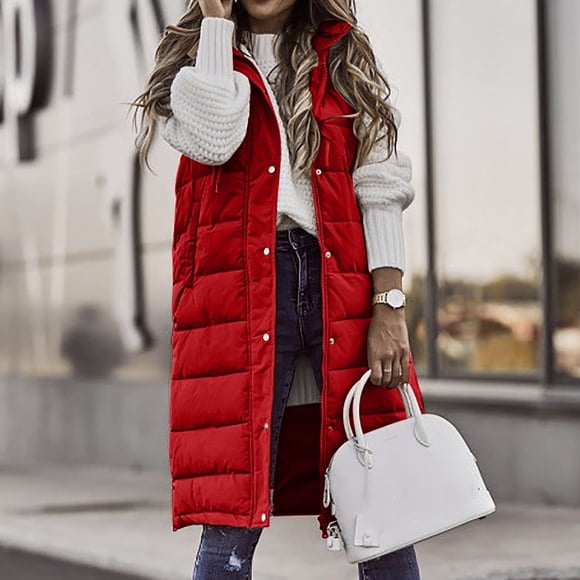 Meichang Women's Long Down Vest Sleeveless Hooded Jacket Plus Size Winter Warm Slim Zipper Coats Outdoor Puffer Quilted Vest