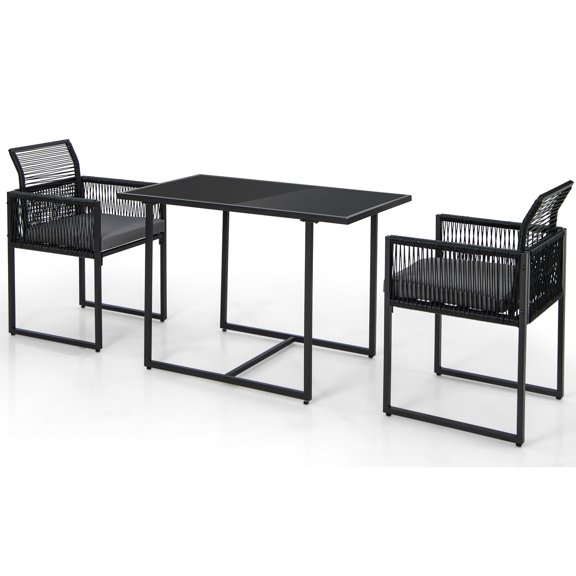 Gymax Ensemble de 3 Meubles en Osier PE Chaises Rembourrées avec Dossier Pliant pour Patio Cour Arrière