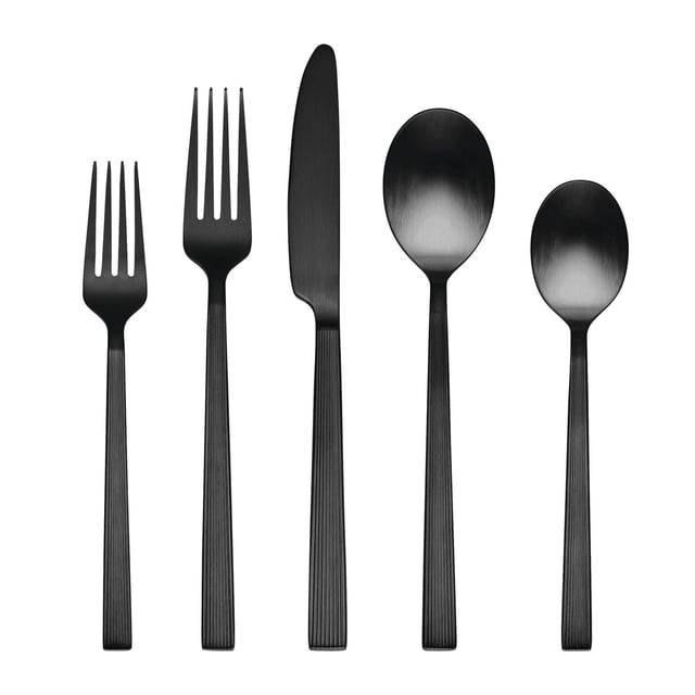 BHG RIVER BLACK SATIN 20PC FLATWARE SET displaying five black stainless steel pieces including salad fork, dinner fork, dinner knife, dinner spoon, and teaspoon with ribbed ergonomic handles and a satin finish, suitable for contemporary table settings.