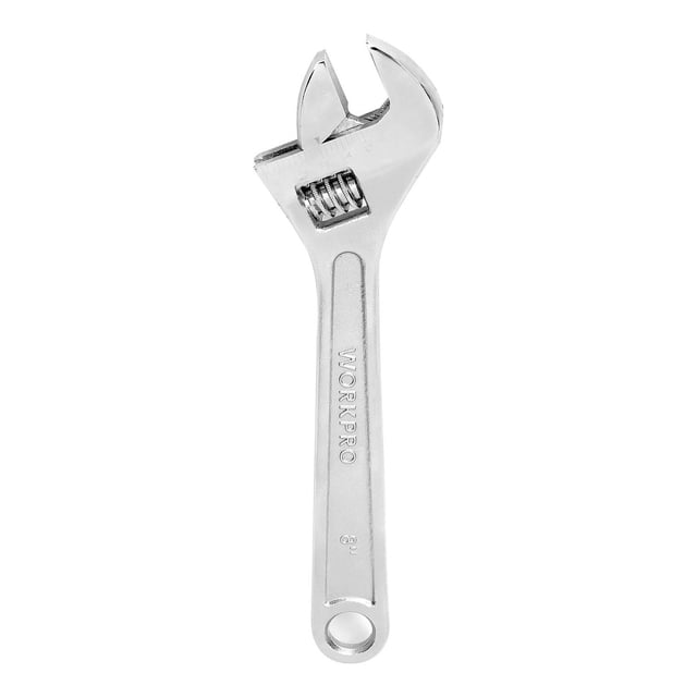 WorkPro 8" adjustable wrench hand tool with drop forged steel body, laser-etched SAE and metric jaw scale, and extra wide jaw capacity, shown front-facing on white background, suitable for loosening or tightening hex bolts.