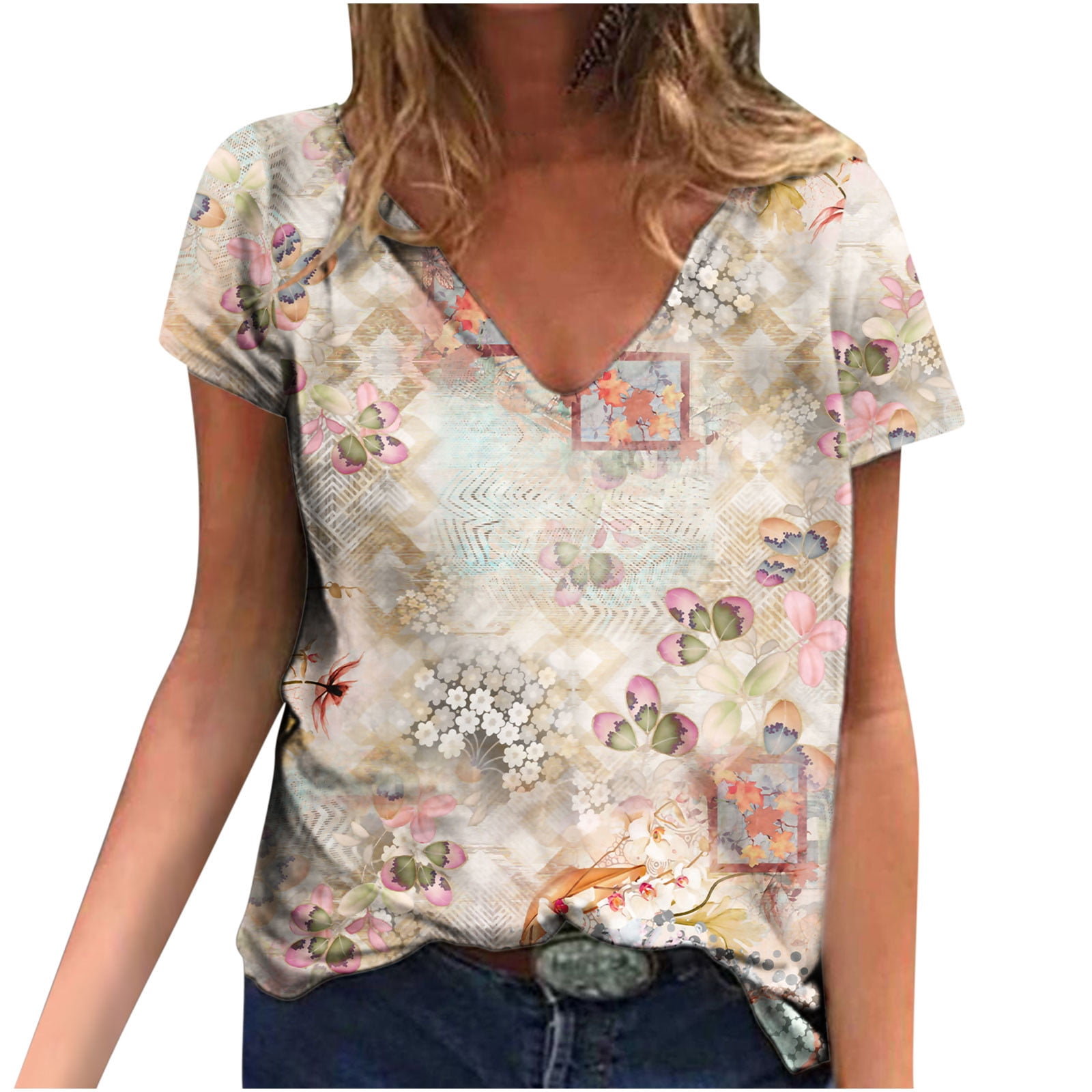 Hauts d'Été pour Femmes Manches Courtes Femmes Blouse d'Été Imprimée T-Shirts Décontractés Col en V Manches Courtes T-Shirts Hauts