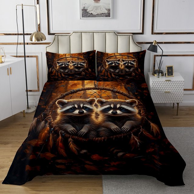 Ensemble de Courtepointe Raton Laveur Attrape-Rêves, Couvre-Lit Boho Plume, Ensemble Couvre-Lit King, Animaux de la Forêt, Décor Bohème Exotique