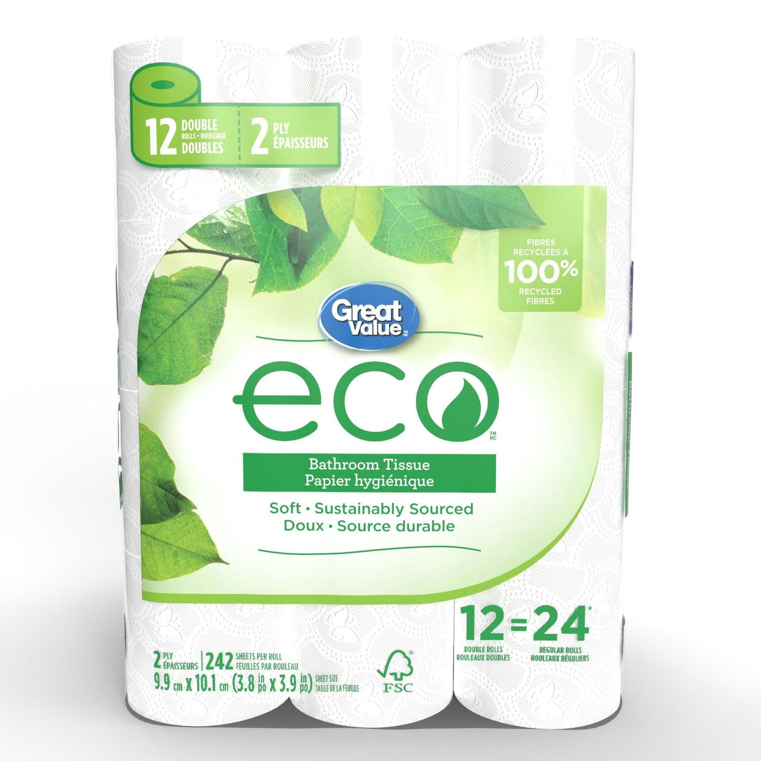 Great Value ECO Bathroom Tissue, 12 Double Rolls, 242 Sheets, 2-Ply