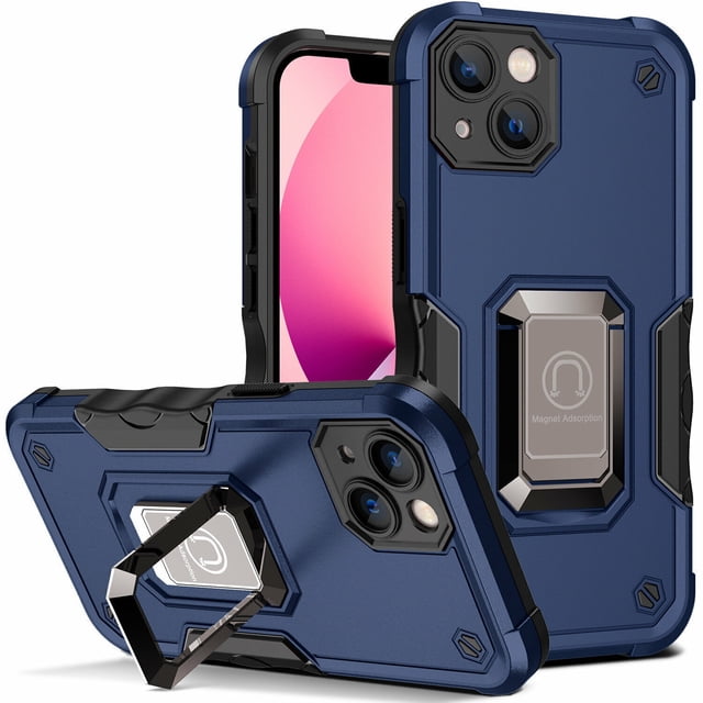 SuperShield Étui Support Anneau à Étui Rigide Ajustée pour iPhone 14 en Bleu. l'Étui Présente une Conception de Étui Rigide durable avec Coins Coussinés, Côtés Souples et Flexibles et Technologie Anti-Rayures. Il Comprend une Béquille Métallique Intégrée pour angles de Vision Verticaux et Horizontaux, une Feuille Magnétique en Métal pour une adsorption stable sur supports Magnétiques de Voiture, et des Découpes Précises pour un Accès Complet à Tous les ports et Boutons. Compatible avec iPhone 14 (Version 2022) et Prend en Charge la Recharge Sans Fil QI