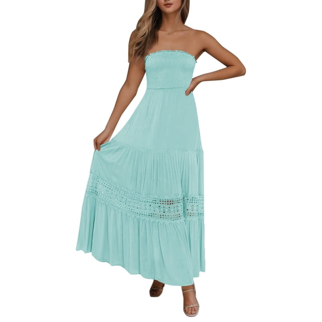 Cathalem 2024 Robe Midi d'Été pour Femmes, Décontractée, Côtelée, Enseignante, Église, Modeste, Tenue de Bureau, Travail, Bleu Pâle, Taille G. La Robe Présente une silhouette Trapèze Fluide Sans Bretelles avec Garniture en Dentelle et Matériau en polyester Léger, Offrant un style Bohème. Idéale pour les Fêtes, Mariages, Vacances à la Plage et Sorties Décontractées.