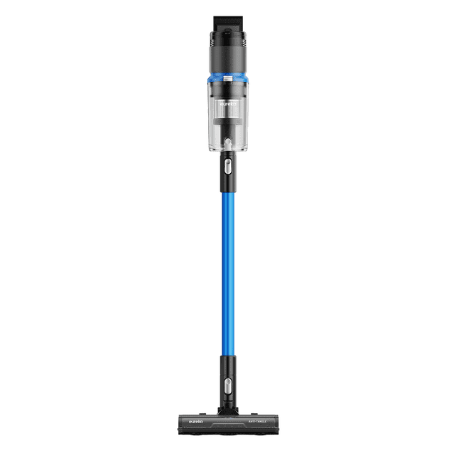 Eureka NEC450BLC ReactiSense 450 Stick Vacuum with a slim cordless design, blue wand, clear dustbin, and black motor housing, featuring an anti-tangle brushroll and LED display for efficient cleaning on hardwood, carpet, and tile floors, ideal for pet owners.