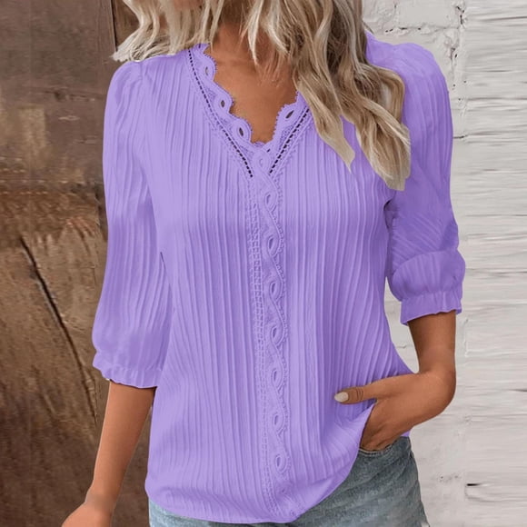 Women's 3/4 Sleeve Shirts Womens Casual Tops Going Out Tops for Women 3/4 Sleeve Womans Tops Festival Tops Women Western Outfit for Women, V-Neck, Purple