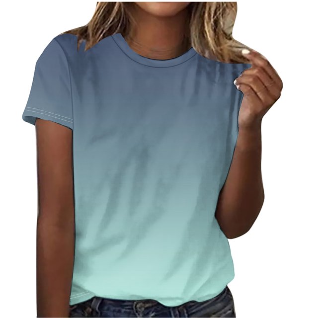 Timegard Hauts d'Été pour Femmes Col Rond Manches Courtes Couleur Dégradée Blouse Confortable Décontractée Ample Hauts