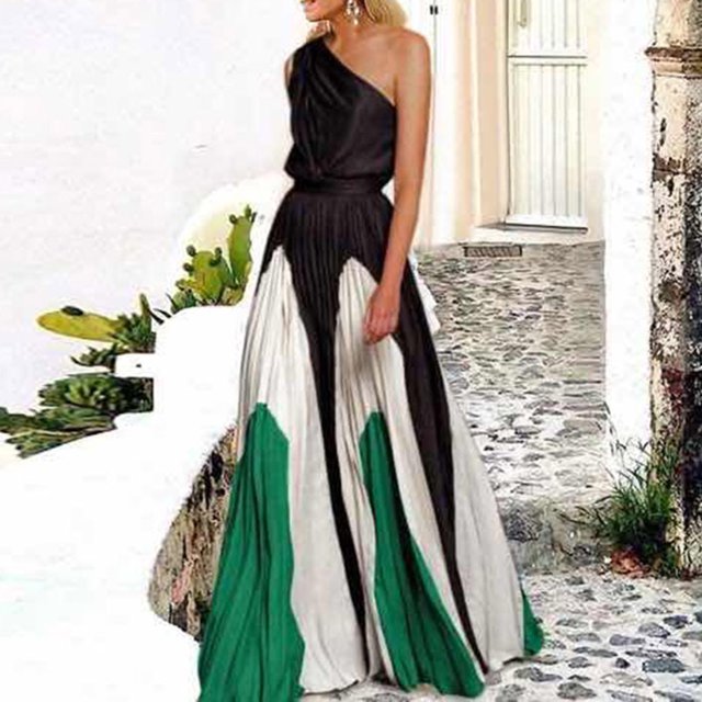 Robes pour Femmes 2024 Été Col Oversize Contraste de Couleurs Jupe Longue avec Patchwork Épaules Dénudées Robe Imprimée Rabais de 50 % Liquidation!