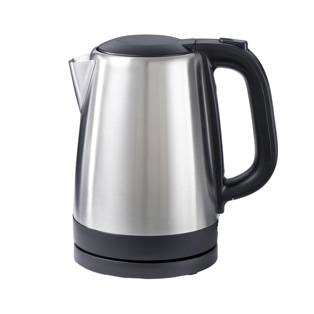 MS 1.7L SS KETTLE showing a front-right angled view of a stainless steel electric kettle with a 1.7-liter capacity, brushed stainless steel body, black plastic handle with power switch, spout, and black cordless base, ideal for boiling water quickly in small kitchens or offices and often used for heating water for tea or coffee.