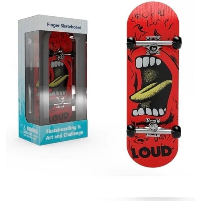 ORUYROP Wood Fingerboards, Mini Fingerboards, 99mmL*29mmW (Angryshouts). A red mini fingerboard featuring a bold graphic of an open mouth shouting 'LOUD' with yellow and black details. Constructed from 5-layer maple wood, it includes alloy swing support and PU anti-skid material for durability and grip. Comes with an assembled fingerboard, anti-skid pad, and a double-head screwdriver. Packaged in a display box with 'Skateboarding is Art and Challenge' text.