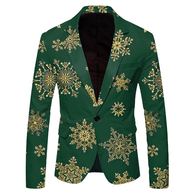 Men Christmas Snowflake Santa Men Suit Jacket Printed Pocket Lapel Button Mens Tuxedo Suit Jacket Suit
