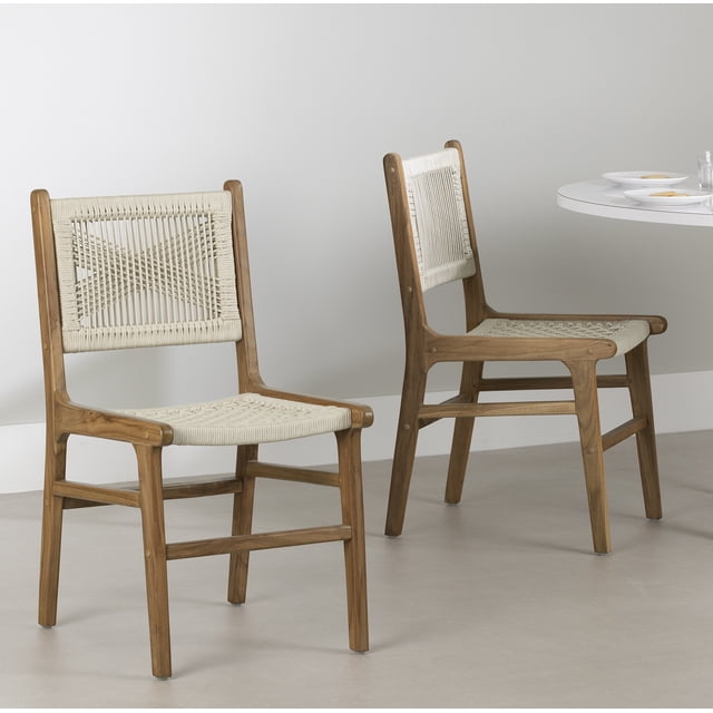 South Shore Balka Woven Rope and Teak Dining Chair set of 2 in cream and natural, featuring woven olefin rope seats and backs with geometric patterns and sturdy teak wood frames, ideal for kitchen or dining areas and often used for casual seating in eclectic bohemian interiors.