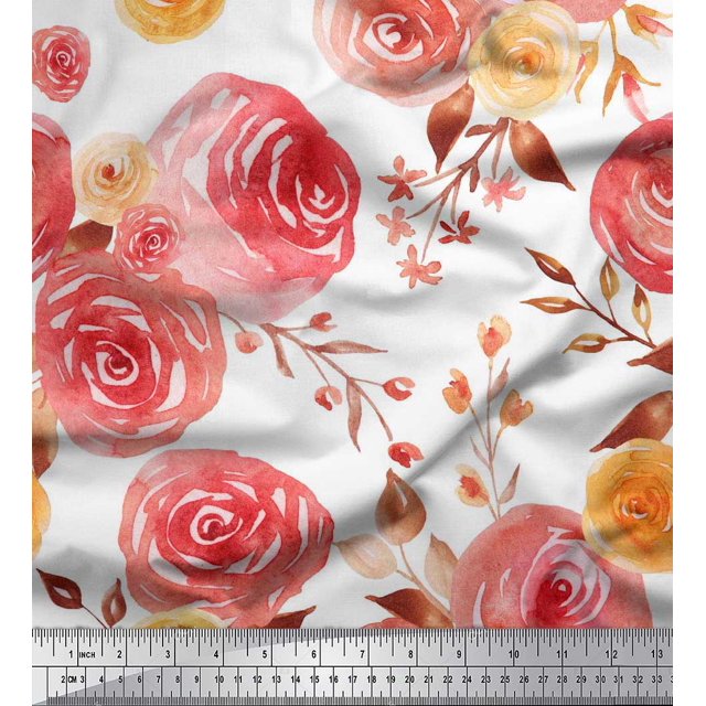 Soimoi Orange Poly Georgette Fabric Watercolor Floral Fabric Prints by Yard 42 Inch Wide