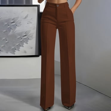 Nfurl Dress Pants for Women Business Casual Straight Leg Office Work Slacks with Pockets High Waisted Pleated Pull on Trousers Pants Brown,M