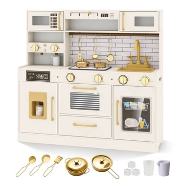 Costway Cuisine de Jeu pour Enfants avec Cuisinières, Lumière, Son, Robinet, Évier, Distributeur de Glace, Micro-Ondes
