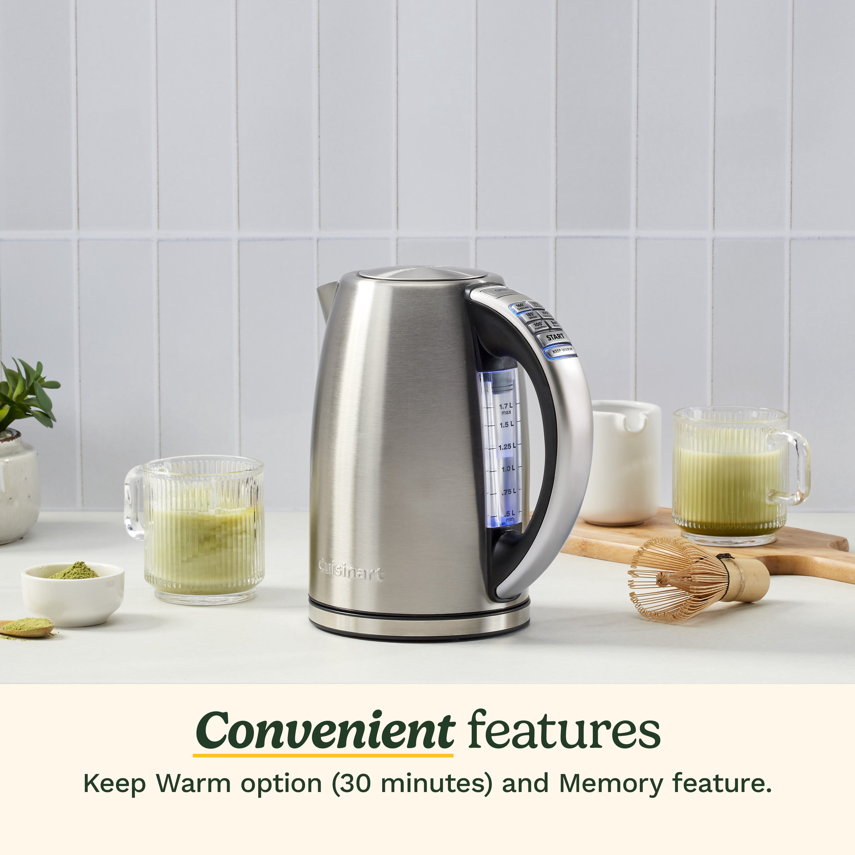 Bouilloire électrique Cuisinart PerfecTemp 1,7 L, chauffe rapide 1500 W, 6 températures préréglées, maintien au chaud 30 min, sans fil, acier inoxydable (CPK-17C)