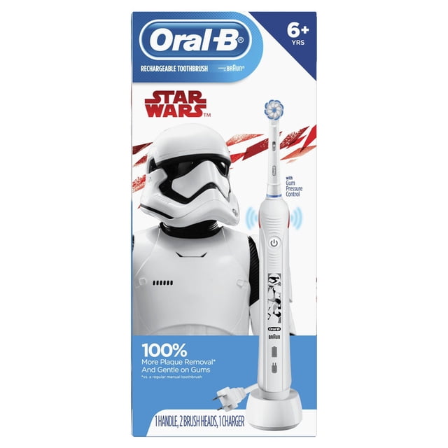 Oral-B Kids Electric Toothbrush featuring STAR WARS for kids 6+ with a white rechargeable handle decorated with stormtrooper graphics, round sensitive brush head, gum pressure control, and charging base, shown on packaging with stormtrooper helmet image.