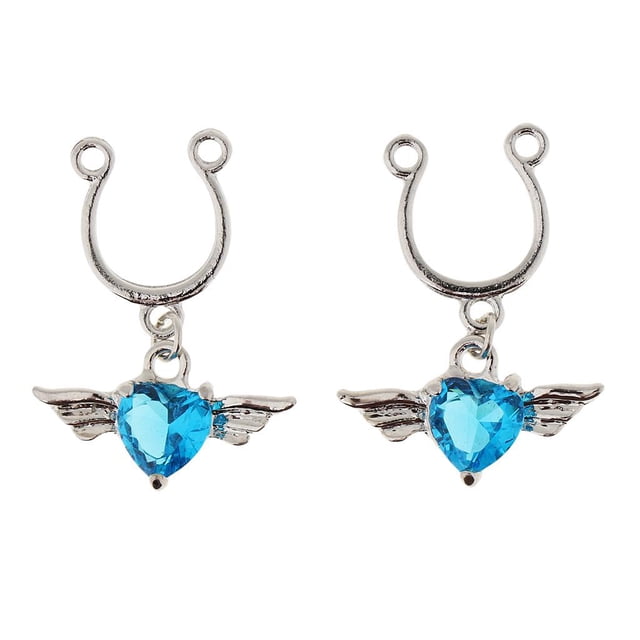 KLKCMS 1 Pair Angel Wing Heart Dangle U Shape Nipple Non Piercing Body Jewelry Blue