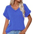 thumbnail image 2 of Soki T-Shirts pour Femmes Basiques Décontractés à Col en V de Couleur Unie Plissés à Manches Courtes, 2 of 5