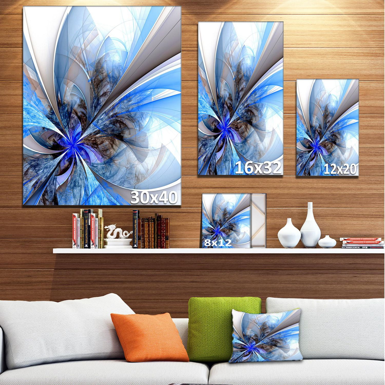 Designart Grande fleur fractale bleue symétrique Art mural sur toile