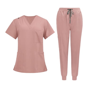 Bunblic Nursing Uniforms Scrub Set Nurse Top and Pants Workwear for Pet Grooming SPA M Pink M