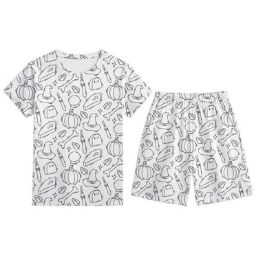 Ensemble de Pyjama d'Halloween pour Enfants à Manches Courtes, Col Rond, Vêtement de Nuit Confortable, Imprimé Bricolage, Ligne Noire et Blanche, Tenue de Détente Décontractée pour Garçons et Filles