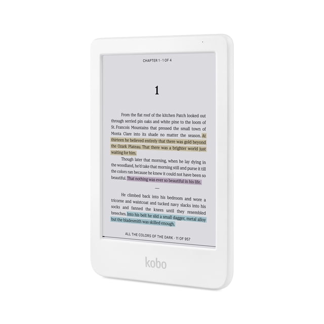 Kobo Clara Colour 6" eReader in White shown at a slight right angle with a 6-inch E Ink Kaleido 3 colour display featuring an eBook page with black text and beige, purple, and blue highlights. The white bezel includes the Kobo logo below the screen, designed for glare-free digital reading with adjustable frontlight and multi-colour highlighting.