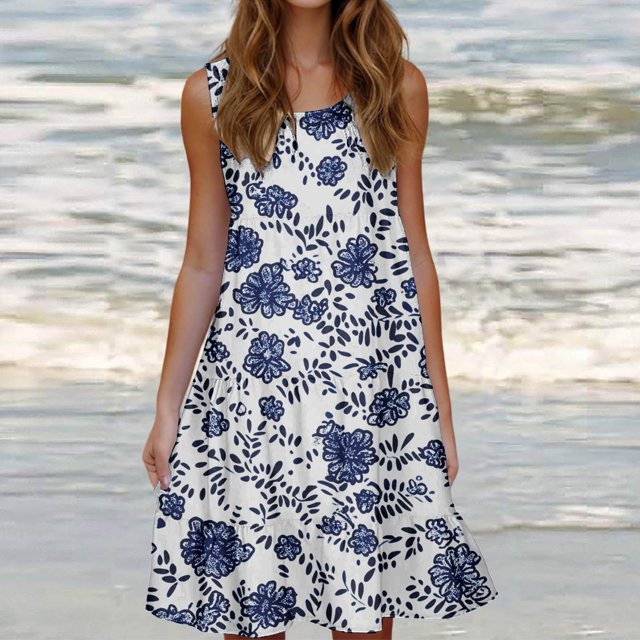 Ovzne Robes pour Femmes 2025 Robe Mode pour Femmes Vacances Été Couleur Unie Sans Manches Fête Plage Robe d'Été Imprimée Liquidation