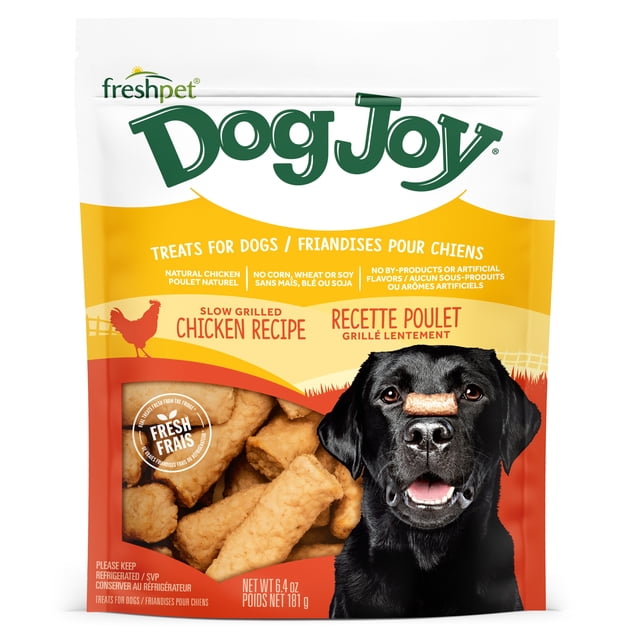 Freshpet Dog Treat, Dog Joy Slow Grilled Chicken Treat 181g in a resealable bag featuring natural chicken as the first ingredient, no corn, wheat, soy, by-products, or artificial flavors, with a black dog balancing a treat on its nose on the packaging front, suitable for rewarding dogs with a slow grilled chicken recipe.